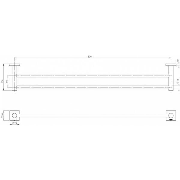 Phoenix Radii Double Towel Rail 800mm Square Plate Chrome Technical Drawing - The Blue Space
