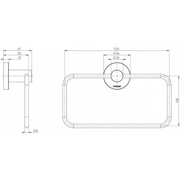 Phoenix Radii Hand Towel Holder Round Plate Brushed Nickel Technical Drawing - The Blue Space