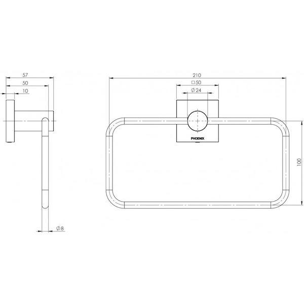 Phoenix Radii Hand Towel Holder Square Plate Matte Black Technical Drawing - The Blue Space