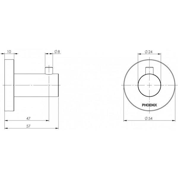 Phoenix Radii Robe Hook Round Plate Brushed Nickel Technical Drawing - The Blue Space