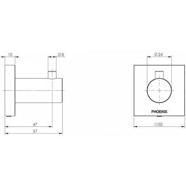 Phoenix Radii Robe Hook Square Plate Matte Black Technical Drawing - The Blue Space
