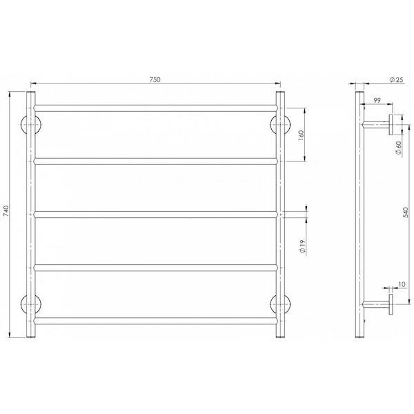 Phoenix Radii Towel Ladder Round Plate 750mm Technical Drawing - The Blue Space