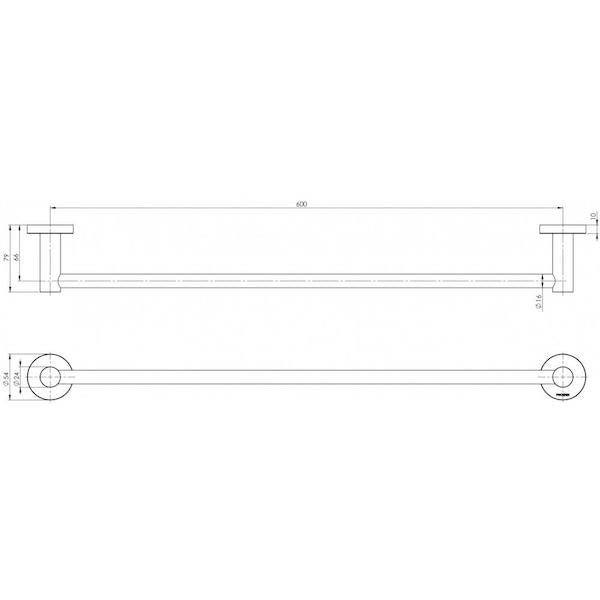 Phoenix Radii Single Towel Rail Round Plate 600mm Matte Black Technical Drawing - The Blue Space