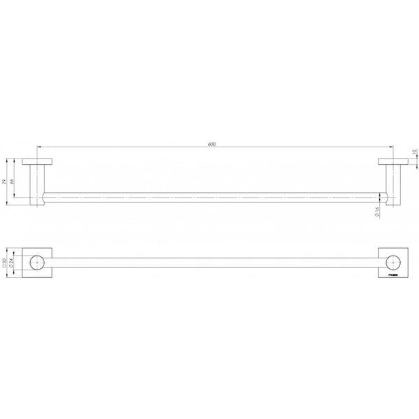 Phoenix Radii Single Towel Rail Square Plate 600mm Matte Black Technical Drawing - The Blue Space