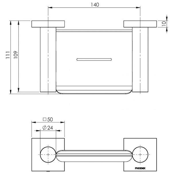 Phoenix Radii Soap Dish Square Plate Chrome Technical Drawing - The Blue Space
