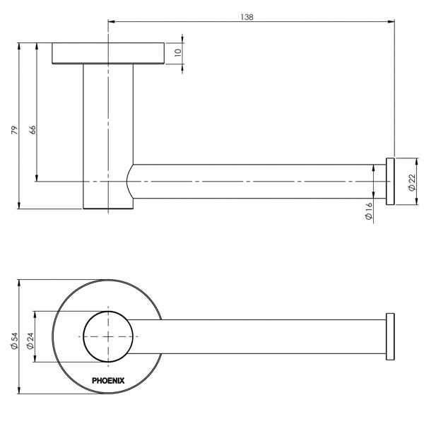 Phoenix Radii Toilet Roll Holder Round Plate Brushed Gold Technical Drawing - The Blue Space