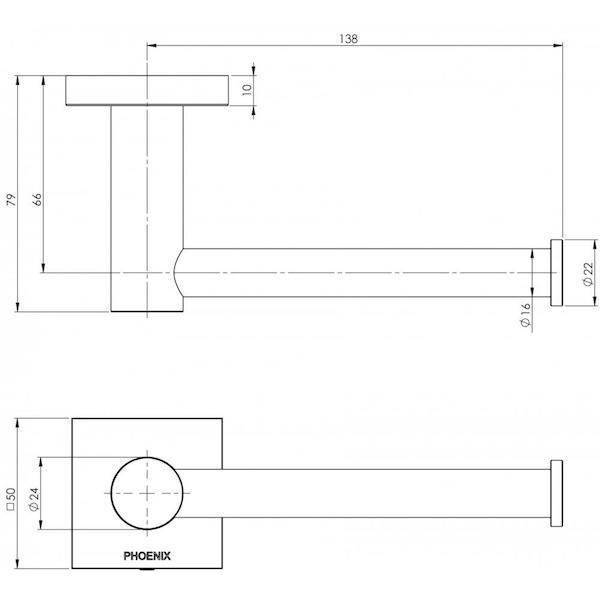 Phoenix Radii Toilet Roll Holder Square Plate Matte Black Technical Drawing - The Blue Space