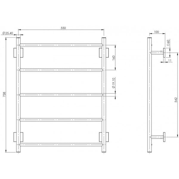 Phoenix Radii Towel Ladder Square Plate Chrome 550mm Technical Drawing - The Blue Space