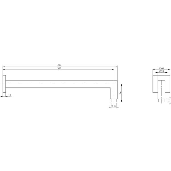 Phoenix Lexi Shower Arm Only 400mm Square - Matte Black - specs - line drawing and dimensions