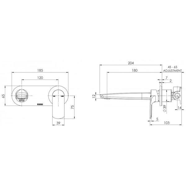 Phoenix Subi Wall Basin/Bath Mixer Set - Dimensions