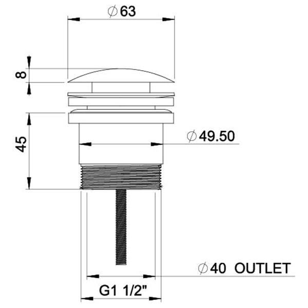 Technical Drawing - Phoenix Universal Pop-up Plug & Waste (40mm) - Brushed Gold