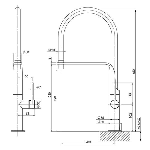 Technical Drawing - Phoenix Vido Flexible Hose Sink Mixer - Matte Black