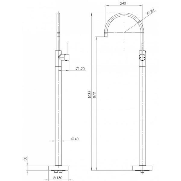Phoenix Vivid Slimline Floor Mounted Bath Mixer-Matte Black - the blue space specs - line drawing and dimensions