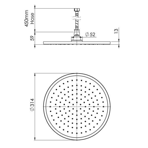 Phoenix Vivid Slimline Flush Mount Ceiling Shower 300mm Round specs - line drawing and dimensions