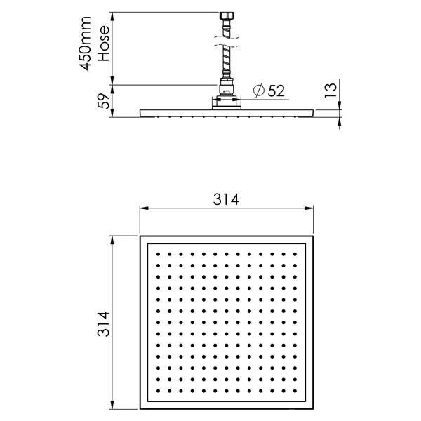 Phoenix Vivid Slimline Flush Mount Ceiling Shower 300mm Square - specs - line drawing and dimensions