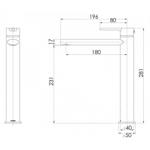 Phoenix Vivid Slimline Oval Vessel Mixer-Matte Black specs - line drawing and dimensions