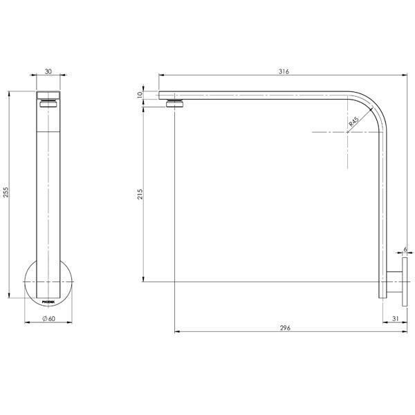 Phoenix Vivid Slimline Shower Arm 30 X 10 mm Round Plate - specs - line drawing and dimensions