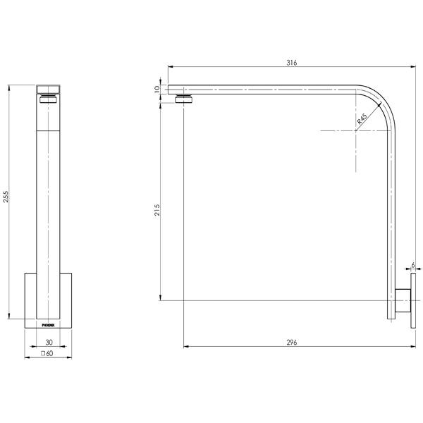 Phoenix Vivid Slimline Shower Arm 30 X 10 mm Square Plate - specs - line drawing and dimensions