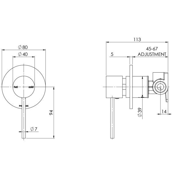 Phoenix Vivid Slimline Shower/Wall Mixer-Gun Metal- specs - line drawing and dimensions