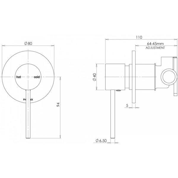 Phoenix Vivid Slimline Shower/Wall Mixer-Matte Black - specs - line drawing and dimensions