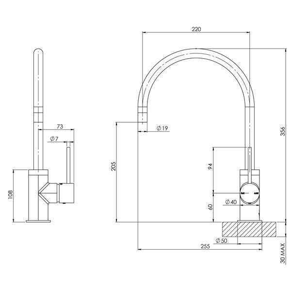 Phoenix Vivid Slimline Side Lever Sink Mixer 220mm Gooseneck-Matte Black - specs- line drawing and dimensions