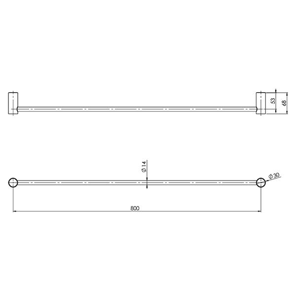 Phoenix Vivid Slimline Single Towel Rail 800mm Matte Black Technical Drawing - The Blue Space