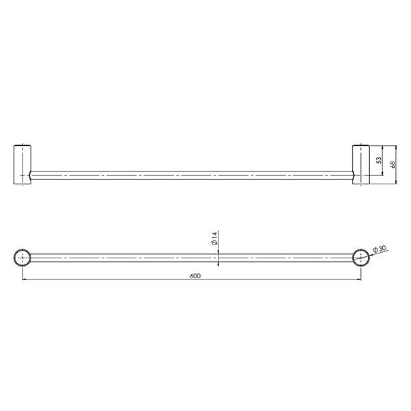 Phoenix Vivid Slimline Single Towel Rail 600mm Matte Black Technical Drawing - The Blue Space