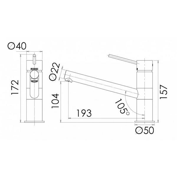 Phoenix Vivid Slimline Sink Mixer specs- line drawing and dimensions