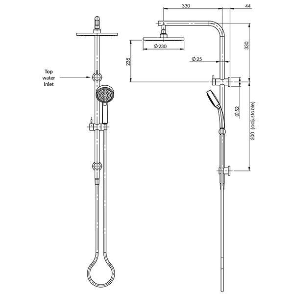 Technical Drawing - Vivid Slimline Twin Shower - Brushed Nickel
