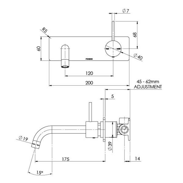 Phoenix Vivid Slimline Up Wall Basin/Bath Mixer Set-Matte Black specs- line drawing and dimensions