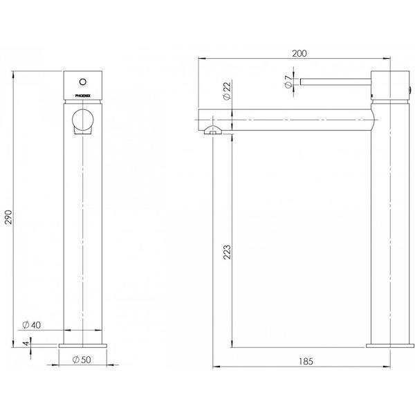 Phoenix Vivid Slimline Vessel Mixer-Chrome specs- line drawing and dimensions