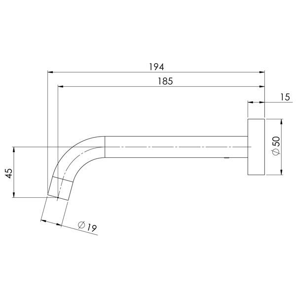 Phoenix Vivid Slimline Wall Bath Outlet 180mm Curved-Gun Metal specs- line drawing and dimensions