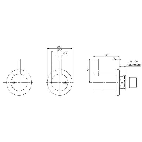Phoenix Vivid Slimline Wall Top Assemblies 15mm Extended Spindles- Matte Black specs- line drawing and dimensions
