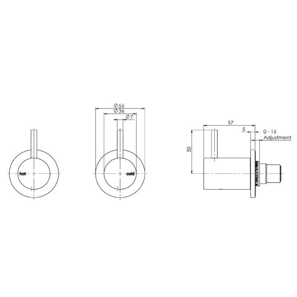 Phoenix Vivid Slimline Wall Top Assemblies - Brushed Nickel specs- line drawing and dimensions