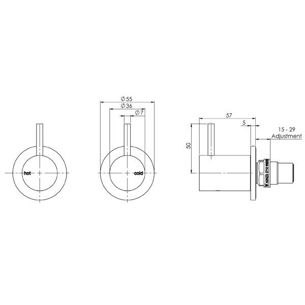 Phoenix Vivid Slimline Wall Top Assemblies Extended 15mm - Brushed Gold specs- line drawing and dimensions