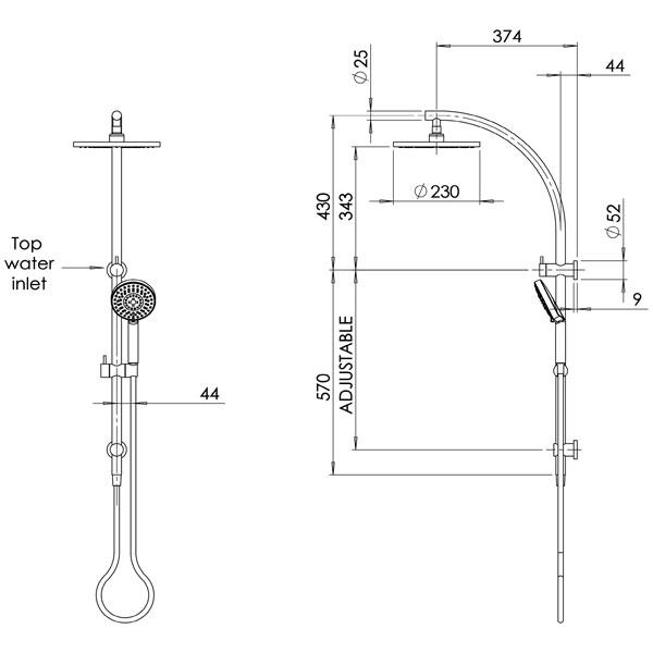 Phoenix Vivid Twin Shower-Brushed Gold specs - line drawing and dimensions