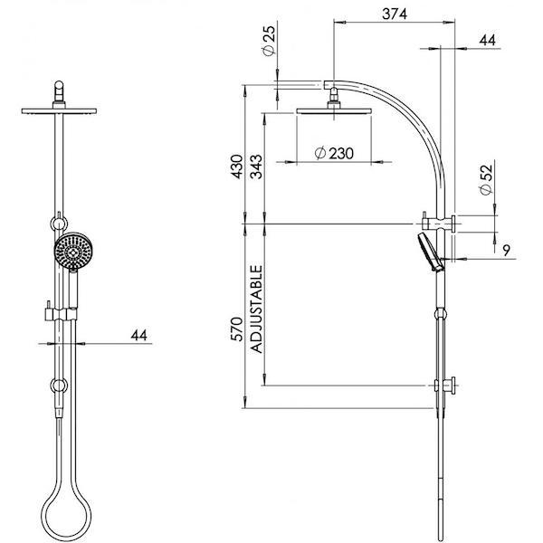 Phoenix Vivid Twin Shower-Matte Black specs - line drawing and dimensions