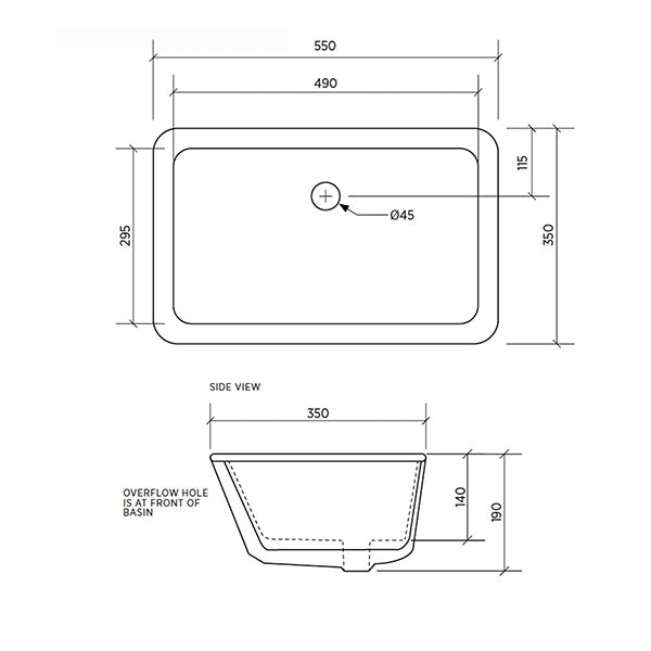 Seima Plati Rectangular Under Counter Basin - Black Dimensions