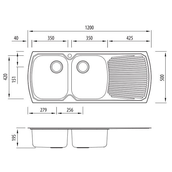 Oliveri Monet double bowl topmount sink drainer 1TH