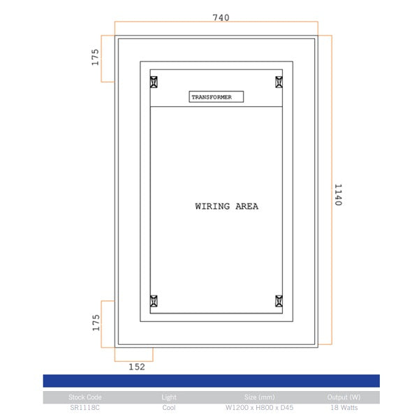 Technical Drawing: SR1118C Thermogroup SR Range Premium LED Backlit Mirror (Cool Light)