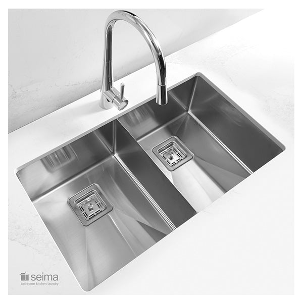 Seima Paloma Swivel Pullout Kitchen Mixer Featured with a Seima Kitchen Sink on a White Benchtop