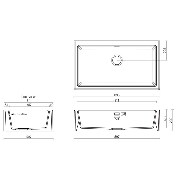Technical Drawing - Seima Rhodes 900 Sink Black