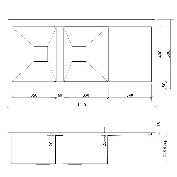 Seima Tetra Pro Double Inset/Undermount Kitchen Sink Dimensions