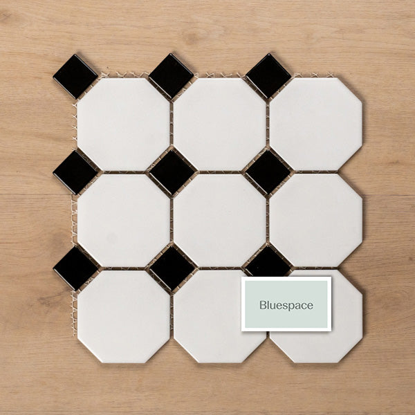 Single no Hand St Kilda Matt White Octagon with Black Dot Porcelain Period Mosaic Tile 97x97mm XMW009 - The Blue Space