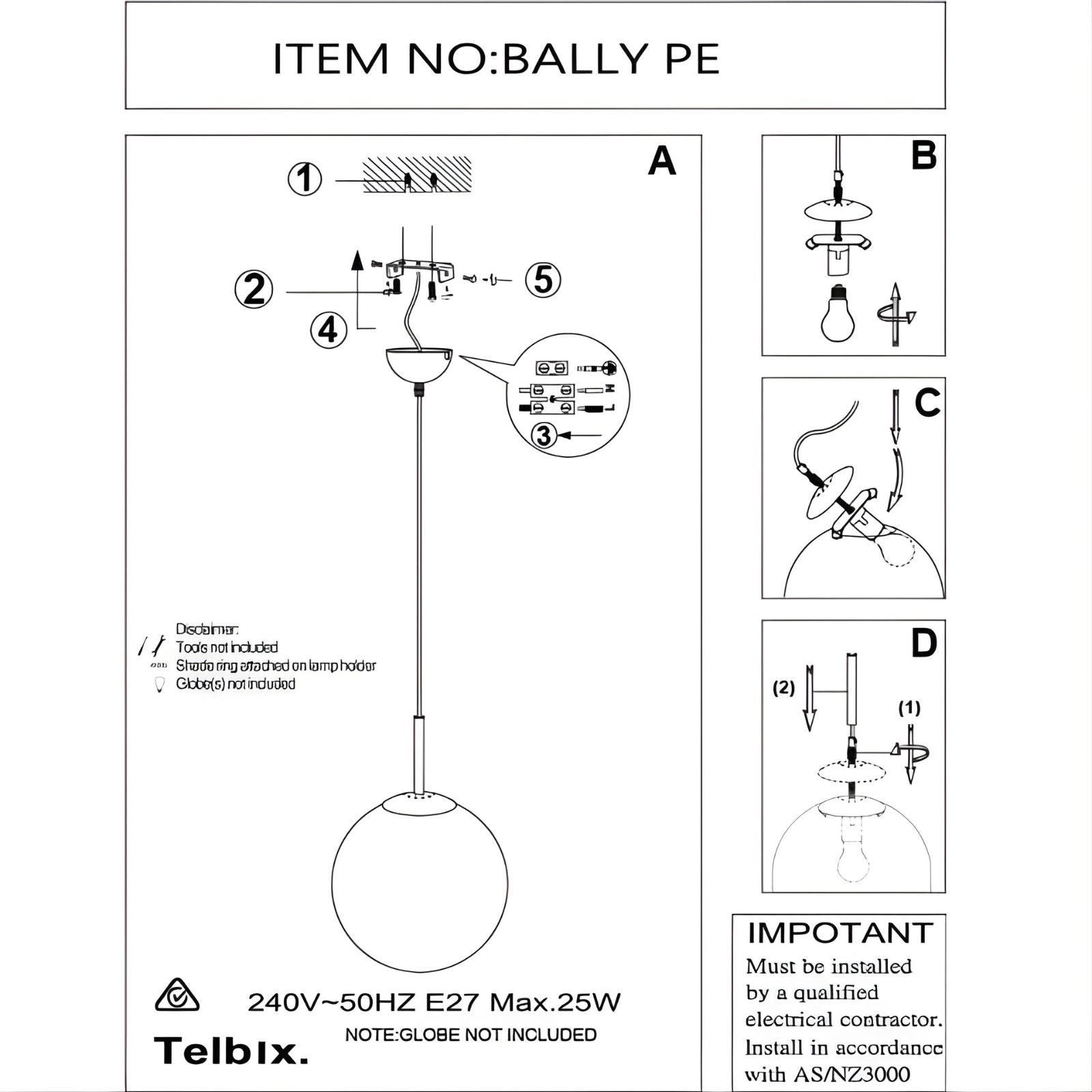 Telbix Bally ES 30cm Pendant - Nickel | The Blue Space
