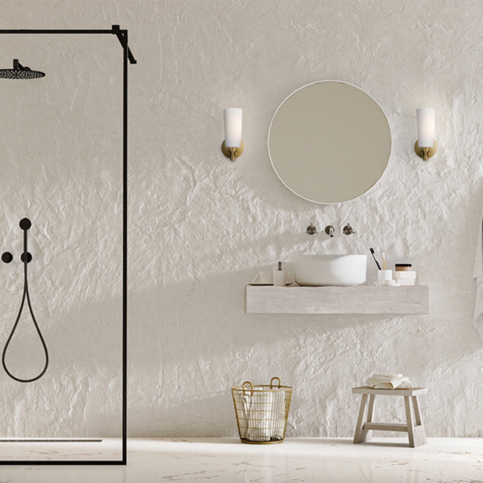 Telbix Delmar ES Wall Light Antique Gold in white textured bathroom design | The Blue Space