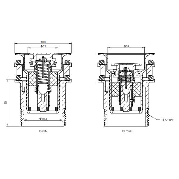 ART Australia Bath Pop Down Plug & Waste 40mm - technical - drawing - online at The Blue Space