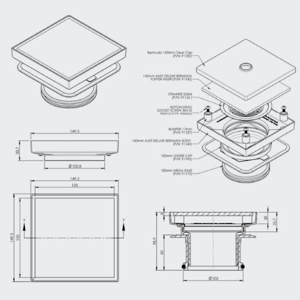 ART Australia Bermuda Deluxe Megaflex Reflections Square 150x100mm Technical Drawing - The Blue Space