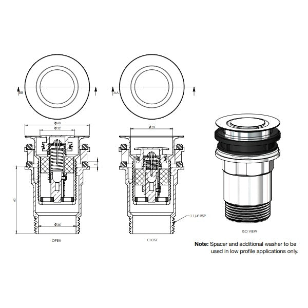 Technical Drawing: ART Australia Basin Pop Down® Plug and waste 32mm