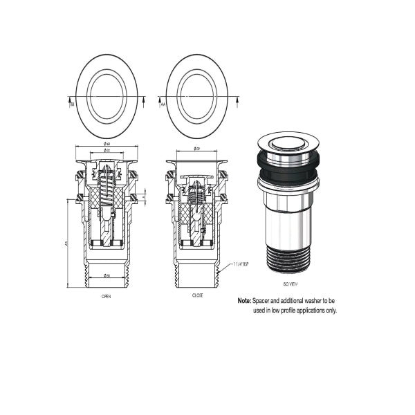 Technical Drawing: ART Australia Basin Pop Down® Plug and waste Polished Brass 32mm